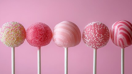 Row of Colorful Cake Pops on Sticks, Pink Background, Sweet Treats, Confectionery, Party Favors, Celebration, Delicious Desserts, Pastel Colors, Food Photography