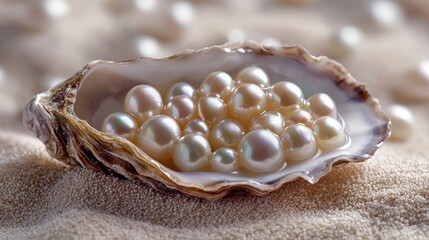 Lustrous Pearls Displayed in Oyster Shell on Pearl Bed, Close-Up Studio Shot, Luxury and Elegance, High Key Lighting