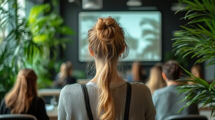 Woman Attending Presentation in Modern Office with Plants, Back View of Audience Watching Screen, Business Meeting or Conference, Focus on Hair