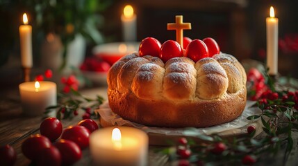 Traditional Easter Bread with Red Eggs and Cross Decoration, Lit Candles, Rustic Wooden Table, Festive Holiday Celebration