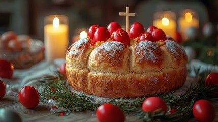 Traditional Romanian Easter Bread, Cozonac, with Red Eggs, Cross, and Candles on Wooden Table, Festive Holiday Celebration
