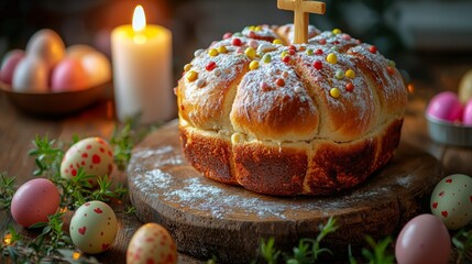 Festive Easter Bread with Cross Topper, Colorful Sprinkles, and Decorated Eggs on Rustic Wooden Table for Holiday Celebration