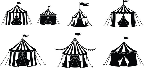 Circus tent vector set, striped carnival pavilion silhouettes, fairground marquee collection, retro festival tents with flags and bunting