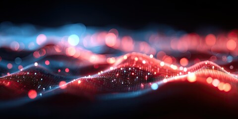 Abstract, glowing, undulating digital landscape with red and blue bokeh against a dark background