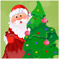 Santa Claus with a Christmas tree and a sack of gifts in retro style