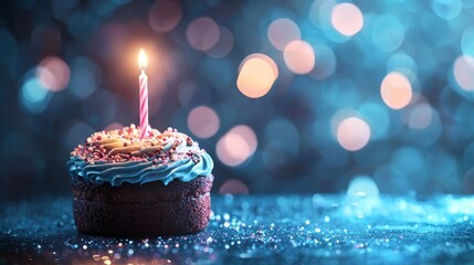 Festive Birthday Cupcake with Burning Candle, Blue Icing, Sprinkles, and Bokeh Lights Background for Celebration and Holiday Occasions