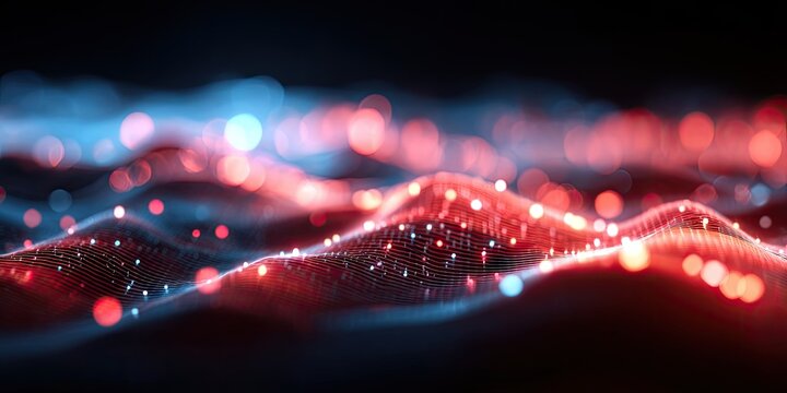 Abstract, glowing, undulating digital landscape with red and blue bokeh against a dark background