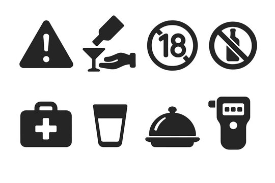 Vodka Safety Icons. Solid, filled icon set of vodka safety and consumption: warning sign, drink responsibly, age restriction, no drinking sign, first aid kit,