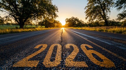 Road to 2026: Asphalt Highway Leading to a Bright Future, Sunrise, New Year, Goals, and Aspirations, Hopeful Outlook