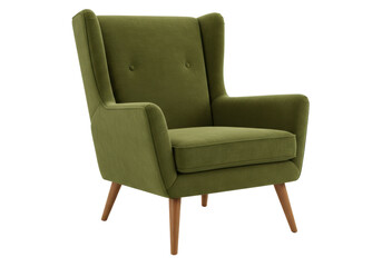 Fototapeta premium Elegant olive green wingback armchair isolated, mid-century modern furniture for living room or reading nook