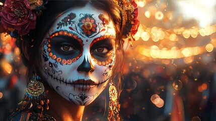 Close-up Portrait of Woman with Sugar Skull Makeup for Day of the Dead Celebration with Floral Headdress and Bokeh Lights