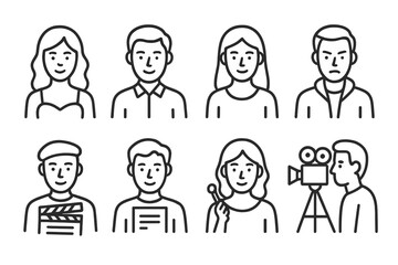 Fototapeta premium Romantic Movie Icon Set. Outline icon set of romantic movie characters: female lead, male lead, best friend, antagonist, director, scriptwriter, makeup artist,