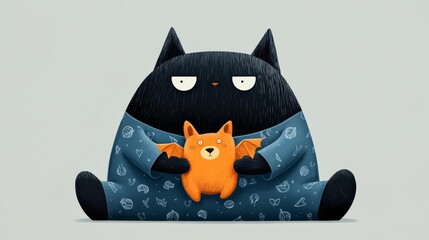 Cute cartoon cat character holding an orange bat toy, showcasing warmth and playfulness in a whimsical design.