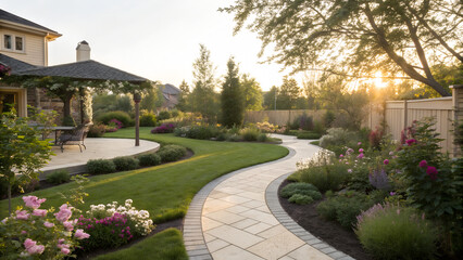 Obraz premium Landscape garden with curved stone pathway surrounded by blooming flowers, trimmed green lawn and cozy gazebo at sunset perfect for outdoor living design and home inspiration