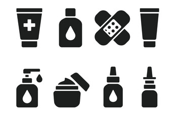 Fototapeta premium Unscented Medical Icons. Solid, filled icon set of unscented medical products: unscented wound cream, unscented antiseptic, unscented bandages, unscented