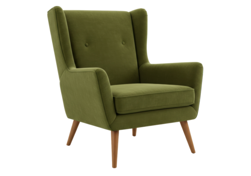 Elegant olive green wingback armchair isolated, mid-century modern furniture for living room or reading nook
