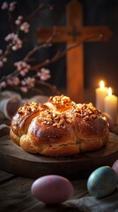 Easter Bread with Walnuts and Colored Eggs, Wooden Cross and Candles in the Background, Festive Holiday Still Life