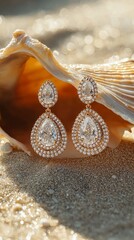 Elegant Pear Shaped Diamond Drop Earrings with Gold Setting Displayed Inside Seashell on Sandy Beach, Luxury Jewelry Still Life