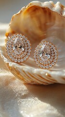 Elegant Gold and Diamond Oval Halo Earrings Displayed in a Seashell, Luxury Jewelry Still Life, Fine Gemstones, Coastal Treasure