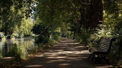 Tranquil park scene with a path, bench, lush trees, and water reflecting light