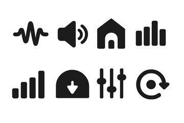 Audio Effects Icons. Solid, filled icon set of drumline sound and effects: sound wave, volume control, reverb, echo, equalizer, bass boost, audio mixer, delay.