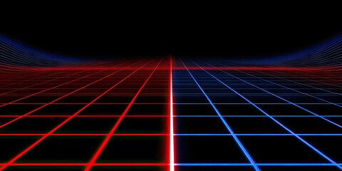 Grid-like perspective divides into red and blue neon light on black background