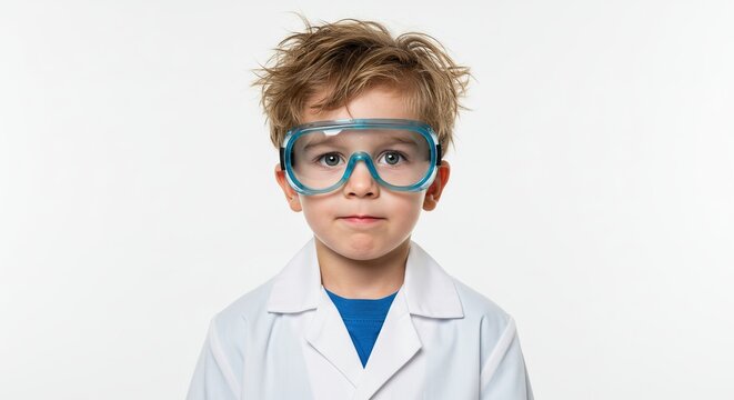Curious young boy wearing safety goggles and lab coat ready for science experiment isolated on white background