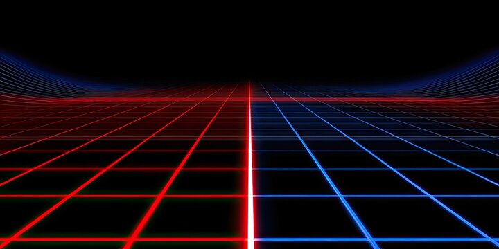 Grid-like perspective divides into red and blue neon light on black background