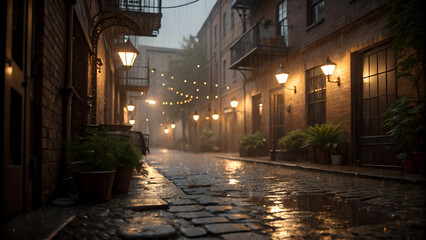 Empty cobblestone street with wet pavement illuminated by warm lamps and string lights at night perfect for urban travel, romantic cityscape, tourism visuals and street mood concepts