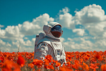 Astronaut standing in a field of red flowers under a bright blue sky. Concept of exploration and surreal beauty.
