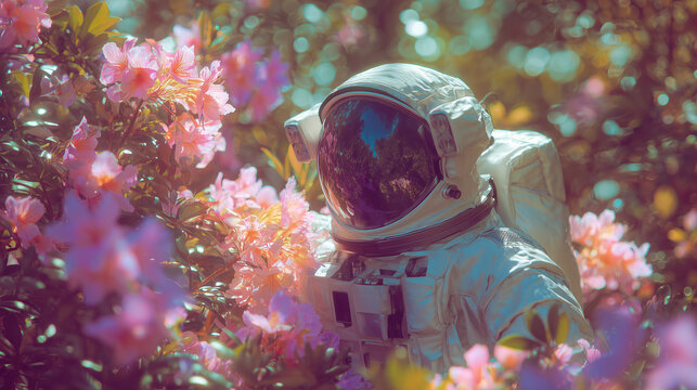Astronaut surrounded by pink butterflies in a dreamy atmosphere. - Powered by Adobe