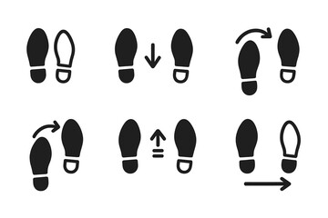 Dance Step Icons. Solid, filled icon set of dance step instructions: step forward, step backward, step side, pivot, turn right, turn left, jump, slide. Solid,