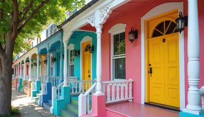 Colorful row houses with ornate porches line a sunny street. Vibrant painted facades, doors, and railings create a charming urban streetscape. Houses feature decorative white columns and trim.