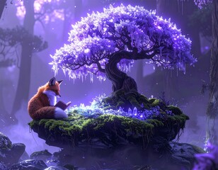 Red fox reading a book under a glowing purple tree in a magical forest