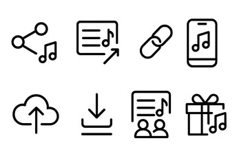 Music Sharing Icons. Outline icon set of song sharing: share button, playlist export, music link, social media music, music cloud upload, download icon,