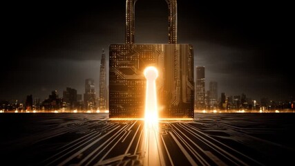 Cyber security padlock glowing keyhole in dark futuristic cityscape. Data protection, digital access, and urban technology concept. - Powered by Adobe