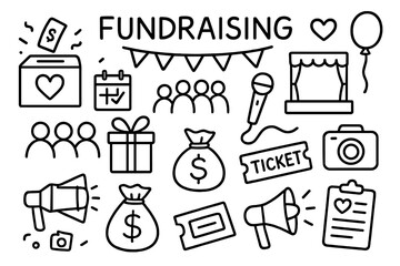 Fundraising Event Icons. Hand-drawn doodle illustration Fundraising event donation box, calendar, microphone, stage, group of people, gift box, money bag,