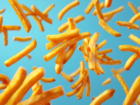 Flying french fries on bright blue background. Fast food concept in motion.