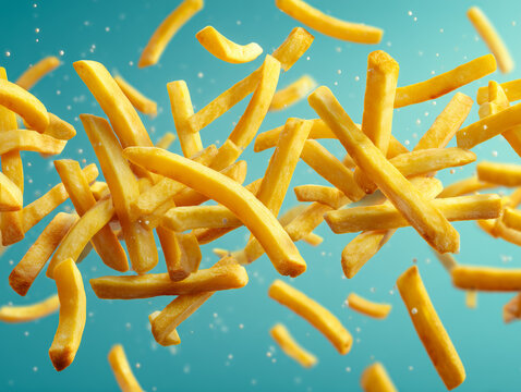 Flying french fries on bright blue background. Fast food concept in motion. - Powered by Adobe