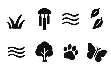 Soft Sound Icons. Solid, filled icon set of soft sounds: rustling grass, wind chimes, flowing water, leaves falling, gentle breeze, whispering trees, small