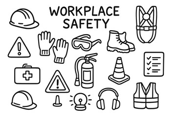 Fototapeta premium Workplace Safety Doodles. Workplace safety. Hand-drawn doodle illustration workplace safety hard hat, gloves, goggles, safety boots, harness, caution sign,