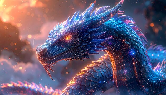 Digital dragon portrait in vibrant colors - Powered by Adobe