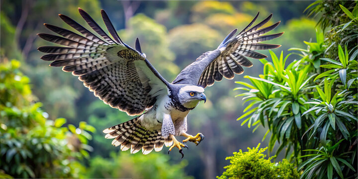 A harpy eagle glides gracefully over a vibrant rainforest. Its wings are fully spread as it searches for prey among the dense foliage. Bright daylight enhances the scene