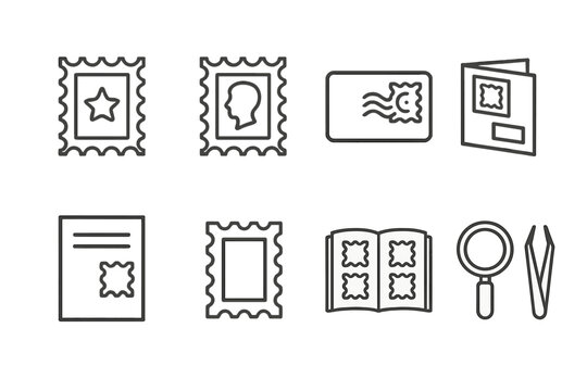 Philately Icon Set. Outline icon set of postage collection: rare stamp, commemorative stamp, first day cover, stamp booklet, postal history, mint condition,