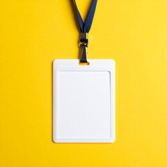 Obraz premium Blank vertical ID card with lanyard, isolated on yellow background, mock-up with copy space