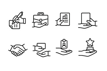 Fototapeta premium Business and Sports Icons. Outline icon set of hand over in business: signing contract, exchanging briefcase, handing over report, passing tablet, shaking