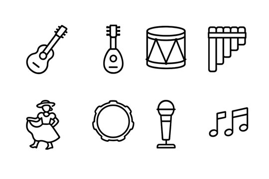Chilean Music Icon Set. Outline icon set of Chilean music and dance: guitar, charango, bombo drum, zampona flute, folk dancer, tambourine, microphone, music