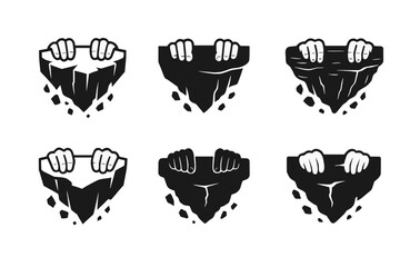 Cliffhanger Logos. Tired hands clutching the edge of a cliff. Set Logo of tired hands clutching the edge of a cliff: crumbling cliff ledge. harmonious logo