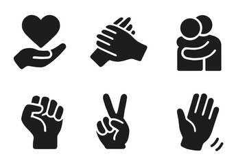 Hand Emotions Icons. Solid, filled icon set of hand emotions and feelings: holding heart, comforting hand, prayer hands, supportive hug, raised fist, peace