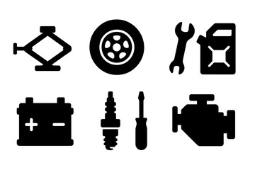 Fototapeta na wymiar Automotive Repair Icons. Solid, filled icon set of automotive repair: car jack, tire, wrench, oil can, battery, spark plug, screwdriver, car engine. Solid,